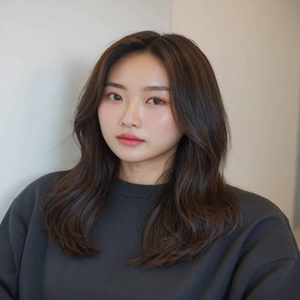 Best Quality, 8k, Masterpiece, (Portrait: 1.3), (photo realistic:1.4), (hyper realistic:1.4), Sharp Focus, looking at viewer, (smoother lighting:1.1), (increase cinematic lighting quality:0.9), realistic lighting, backlighting, light on face, ray trace, (brightening light:1.2), (Increase quality:1.4), sharp detail, (best quality real texture skin:1.4), finely detailed eyes, black_eyes, finely detailed face, 25 year old Korean woman