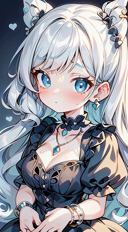 high quality, Lots of details, A girl with silver hair and twin tails poses cutely. They are dressed in vintage gothic clothing, Putting on a bracelet, Earrings and Necklaces. I can see big things. The photo is a close-up of the face, With cleavage, Shining Breasts, Sweat in cleavage, Sexy vibe.Small breasts、Cute eyes, beautiful eyes、Big eyes、Ultra delicate、Ultra HD