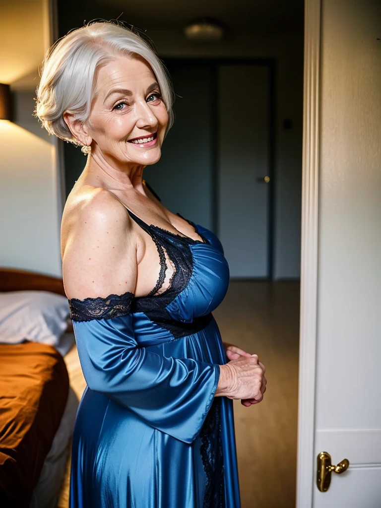 Mature old woman 80 years with white hair, plus size, old face and body with many wrinkles, smiling, huge breasts, loose skin, standing at bedroom posing for photo, She wearing dark blue gown black lace stockings, side view. jaw dropping mature older beauty, old face and body with wrinkles, old face, attractive grandma, a gorgeous old hair, beautiful old grandma, lovely older mature grandma, gorgeous beautiful grandma over 80 years old, beautiful white hair grandma, beautiful detailed body and face, a beautiful old granny