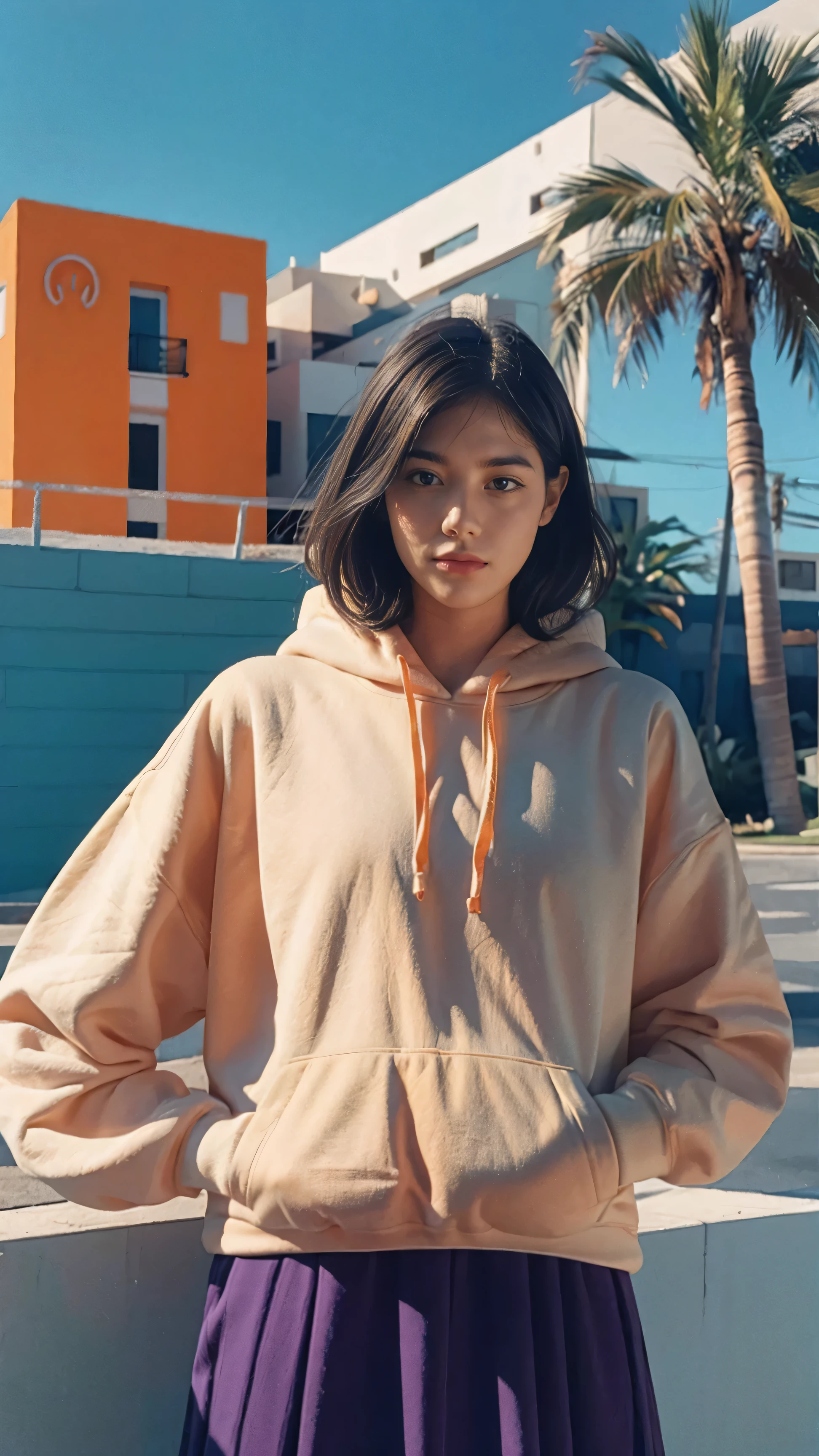 Fujifilm XT3,1 girl ,her pose exudes a sense of and joy,close up photo, wear (((color orange oversized_hoodie))), wear ((purple tennis skirt)),hands in hoodie pocket,looking front,Best Quality,Masterpiece,Ultra High Resolution,(Realisticity:1.4),Original Photo,light leak,ultra high resolution,UHD,beautiful, (bokeh:1) black bob hair, almond eye, no makeup, in front of (80's mondrian architecture motel), (realistic:1.2), (surreal:1.3), (very detailed:1.1), ((masterpiece)),summer, blue sky, palm trees,sunny, los angles vibes