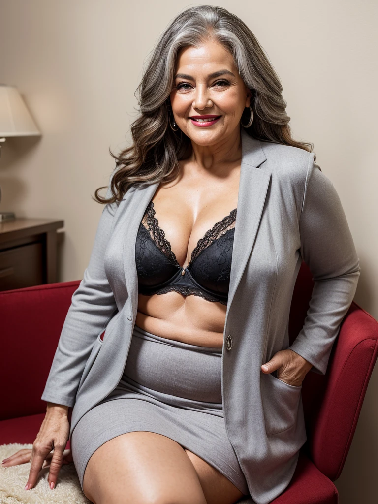 day, bright lights, plus size fat old women Sixty years old, red lips, long brown straight hair, perfect hair,, she smiling, posing in front of the wall, sitting on the chair and spread her legs, she weared formal business suit with grey jacket with black bra, older beauty, jaw dropping mature older beauty, old face and body with wrinkles, old face, attractive grandma, a gorgeous old brown curly hair, beautiful old grandma, lovely older mature grandma, gorgeous beautiful grandma over 80 years old, beautiful silver hair grandma, beautiful detailed body and face, a beautiful old grany, she's fat and curvy
