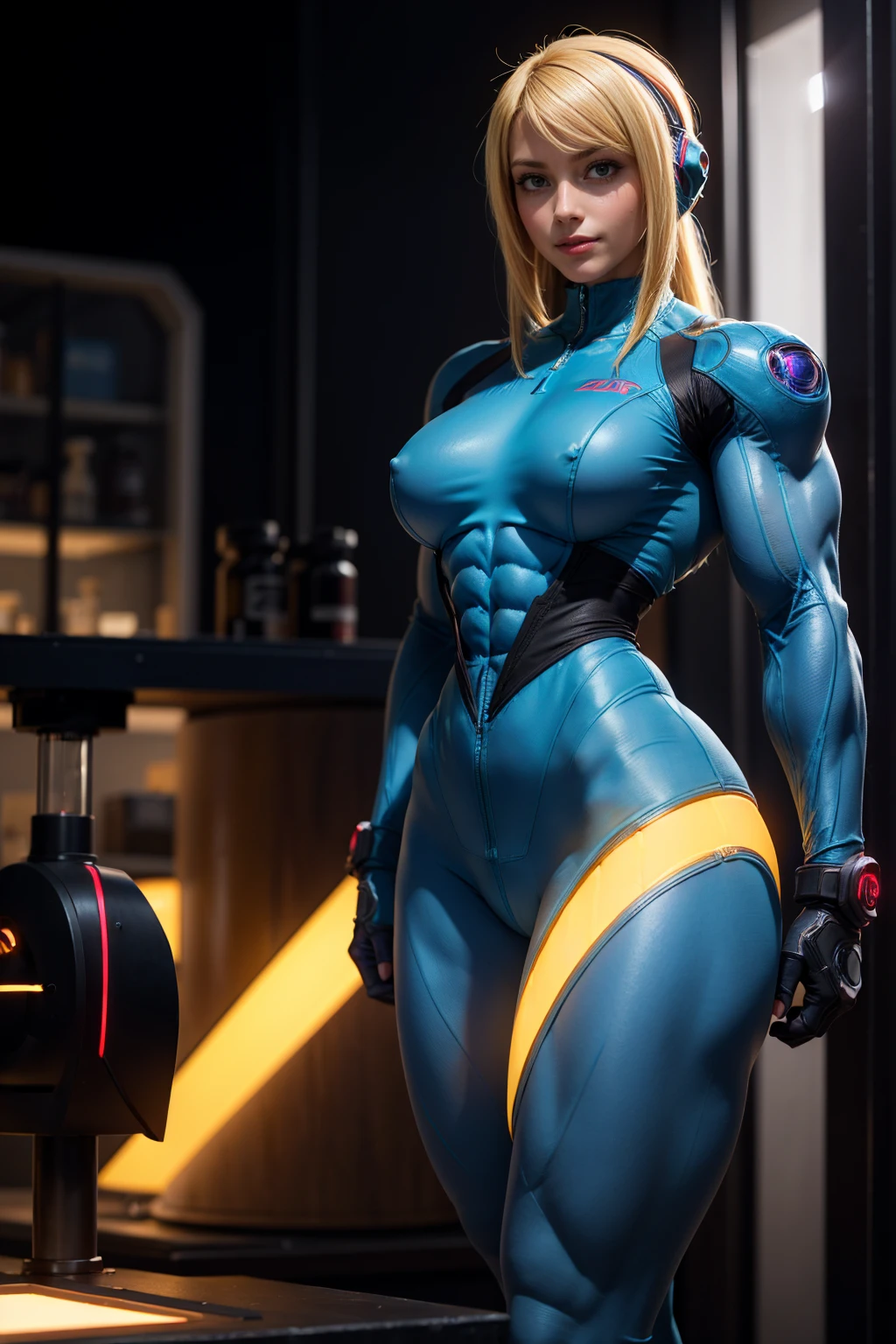 (Muscular:2.2), (thick thighs:1.5), (large round breasts:1), (large muscular chest and shoulders:1), FEMALE, blonde hair, long blonde hair, (big smile:1), (wearing tight sexy blue Samus Zero Suit:1.6), looking at viewer, (three quarter view:1.3), upper body view, (dark futuristic lab at night:1.5), (dark lighting:2), detailed skin, detailed eyes, (clean skin:1.5), (very thin waist:1.6), (huge body muscles:1.9), (one protagonist:1.5),