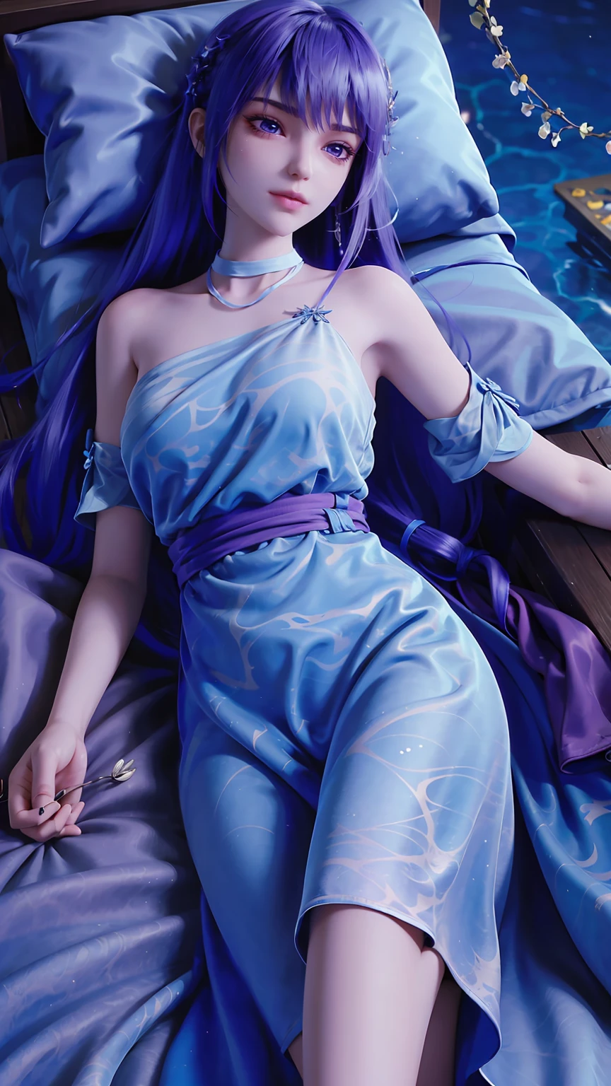 一个女孩Lying in bed，Wearing pink suspender pajamas，Face up，Raise your legs slightly，Front view super detailed beautiful big breasted girl 16 years old. Ultra HD, 4K, 8K, Movie，whole body，Lying down，Long legs，Very big breasts，whole body捕捉，（（（Lying in bed））），（（（whole bodyLying in bed））），Pink bed，Off-shoulder，Shoulder-length skirt，Lying in bed，Sleeping on the pillow，Lying down，Headrest pillows，（（（平Lying in bed））），whole body平Lying in bed