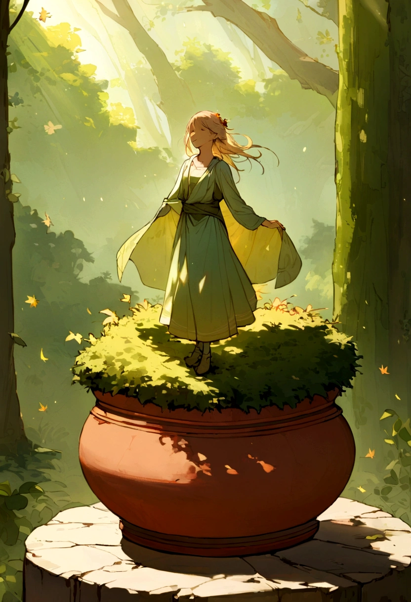 A whimsical miniature figure composed of delicately arranged autumn leaves, poised in a carefree dance on the rim of a weathered, moss-covered terracotta pot, set against a lush, vibrant forest backdrop, where dappled sunlight filters through the canopy above, casting intricate shadows. The overall aesthetic is ethereal, with warm, earthy tones of sienna, umber, and olive green, infused with hints of emerald and golden light, évoking a sense of wonder and enchantment, as if plucked from a fantastical reain
22.2K