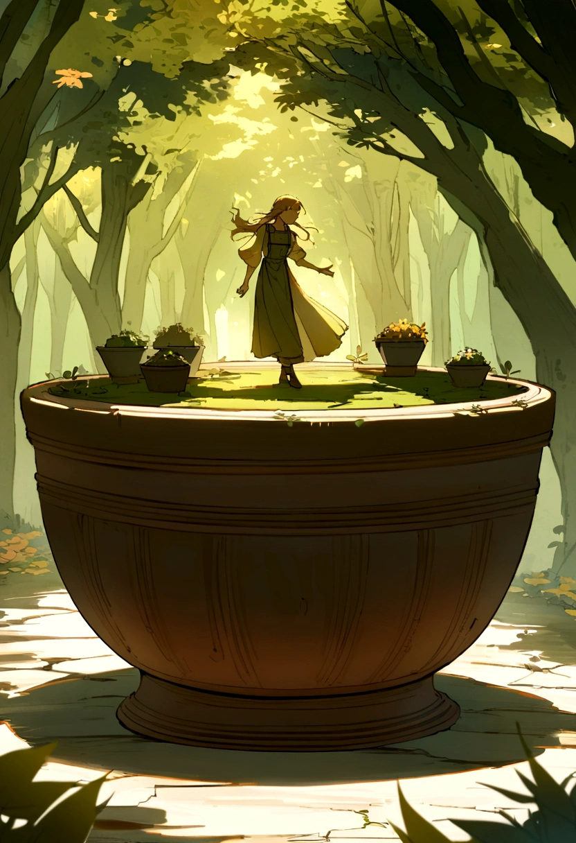 A whimsical miniature figure composed of delicately arranged autumn leaves, poised in a carefree dance on the rim of a weathered, moss-covered terracotta pot, set against a lush, vibrant forest backdrop, where dappled sunlight filters through the canopy above, casting intricate shadows. The overall aesthetic is ethereal, with warm, earthy tones of sienna, umber, and olive green, infused with hints of emerald and golden light, évoking a sense of wonder and enchantment, as if plucked from a fantastical reain
22.2K