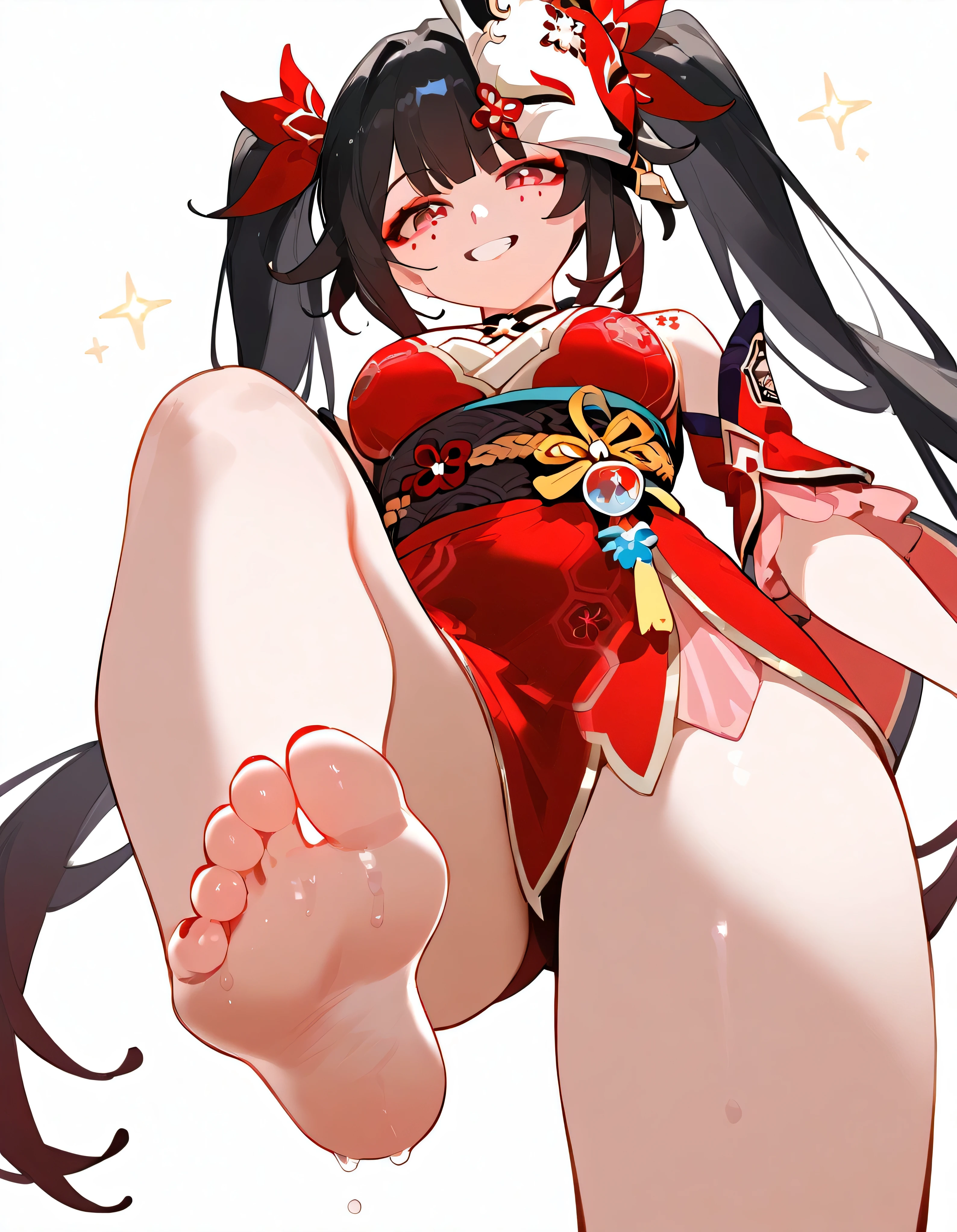 anime artwork, score_9, score_8_up, score_7_up, score_6_up, score_5_up, score_4_up,sparkle \(honkai: star rail\),1girl, twintails, black hair, medium breasts, red eyes, red eyeshadow, fox mask ,
, , , , she is 24 years old, , ,horny, , , , style_3, ,,, floox style, white background,, standing, , from below, deep skin, foot focus, foot on viewer, evil smile, grin, naughty face,
presenting foot ,wet foots,