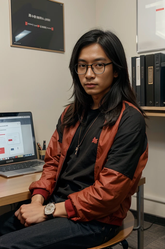 Asian , Singaporean,man,27 years , black , medium length hair, round glasses , casual clothing , red jacket, sits against the background of an office space and charts,Opposite MacBook,looks at the camera ,Realism,эпик Realism