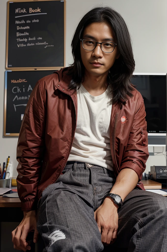 Asian , Singaporean,man,27 years , black , medium length hair, round glasses , casual clothing , red jacket, sits against the background of an office space and charts,Opposite MacBook,looks at the camera ,Realism,эпик Realism