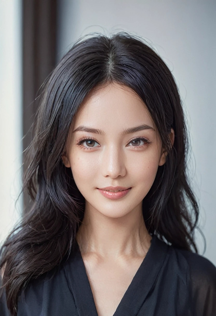 Medium format HD photo, (Stunning gorgeous eurasian Instagram model:1.3), Symmetrical composition, Striking features, Luminous skin, (Flowing black hair:1.2), Radiant smile, Captivating gaze, Elegant posture, (Soft natural light:1.3), Captured with a Phase One XF IQ3 100MP, 80mm f/2.8 lens, Clear details, Ethereal beauty, Timeless allure.