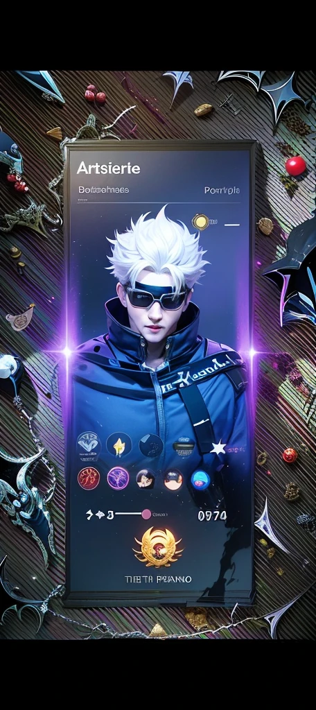 boy with purple hair and red shirt holding a purple ball, Masterpiece, ultra HD, detailed all picture, a close up of a devil, dyrroth from mobile legend, evil, extremely detailed artgerm, mobile legends character, inspired by Dyrroth, Six pack chest and abs, black jewel above the chest, red eyes, glare.