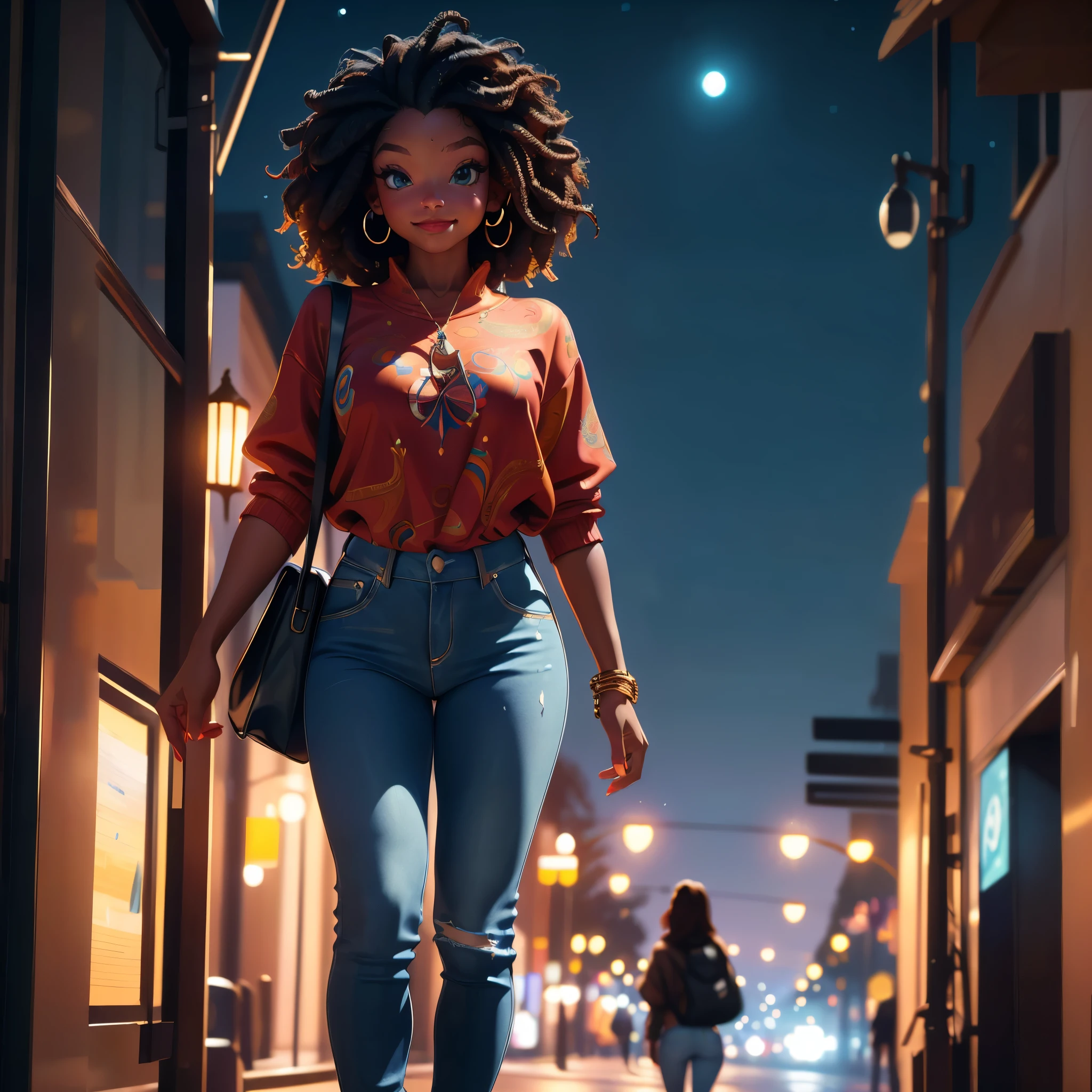 (best quality,4k,8k,highres,masterpiece:1.2),ultra-detailed, 1woman, Akan Goddess Onyame as a college student, hallebailey, West African features, Tall, Symmetrical face, smiling, looking at viewer, perfect stylish clothes, stylish jeans, Stylish blouse, Stylish purse, walking on college campus at night, bright blueish moonlight, HDR, 8k, absurdres, cinestill 800, sharp focus ((intricate detail)),(((realism))), HDR, 8k, absurdres, cinestill 800, sharp focus, add_detail:2, (solo, woman)