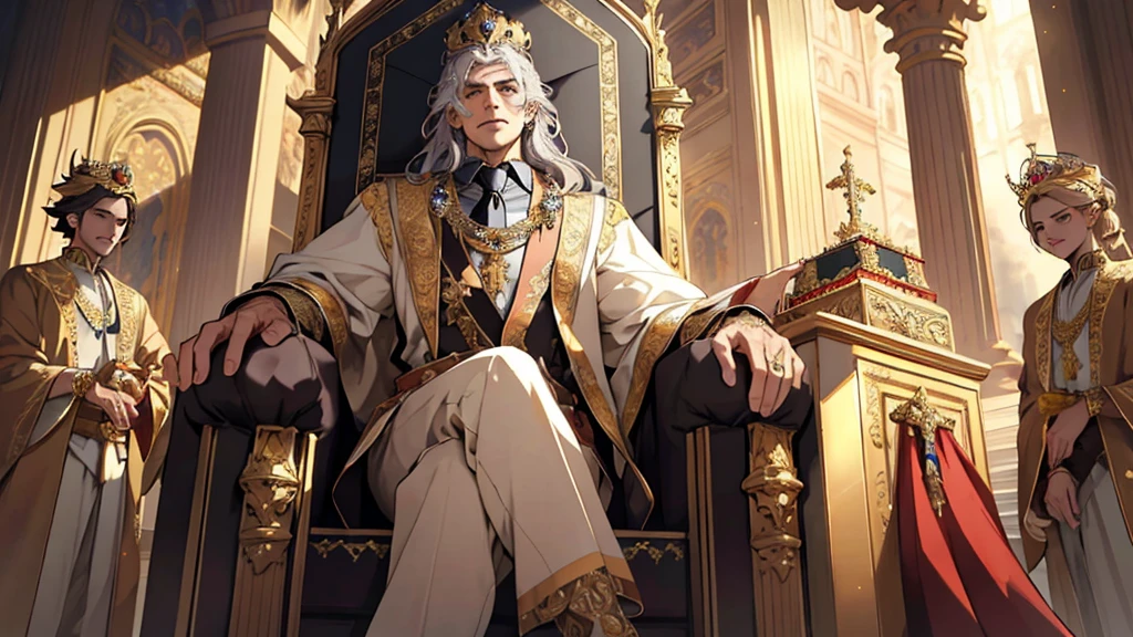 arrogant king sitting on throne surrounded by gold and queen, 1 girl, delicate face, beautiful detailed eyes, beautiful detailed lips, extremely detailed face, long eyelashes, elegant crown, ornate golden throne, luxurious royal attire, intricate jewelry, opulent gold decor, dramatic lighting, cinematic camera angle, vibrant colors, highly detailed, 8k, photorealistic, award winning digital art, artstation, pixiv