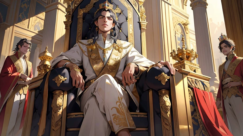arrogant king sitting on throne surrounded by gold and queen, 1 girl, delicate face, beautiful detailed eyes, beautiful detailed lips, extremely detailed face, long eyelashes, elegant crown, ornate golden throne, luxurious royal attire, intricate jewelry, opulent gold decor, dramatic lighting, cinematic camera angle, vibrant colors, highly detailed, 8k, photorealistic, award winning digital art, artstation, pixiv