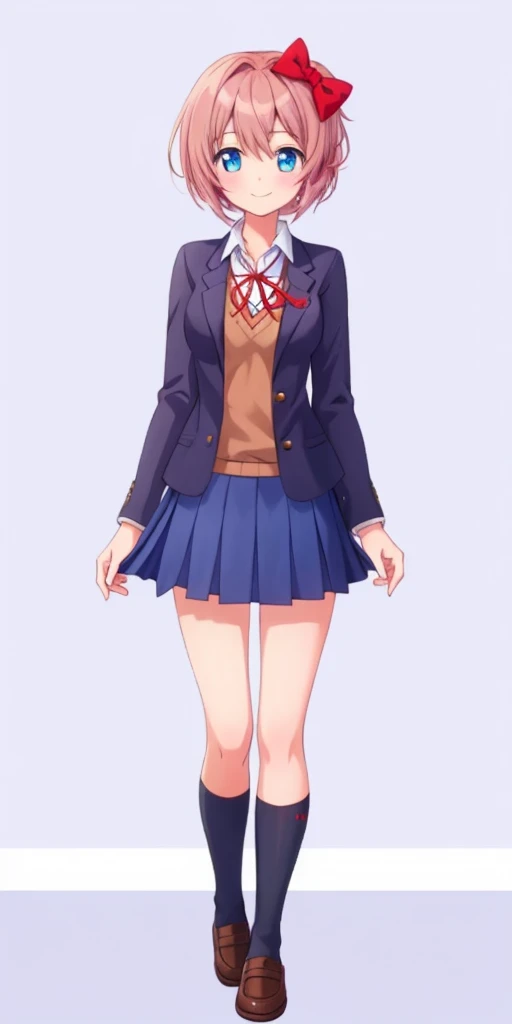 one girl, Sayori, DDLC, school blazer, hair bow, close to girl, too gentle, blue eyes, she is always smiling, full body, beautiful, skirt