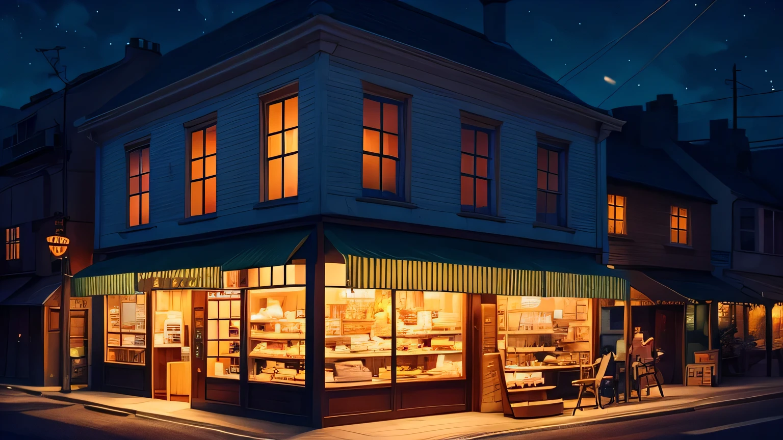 Night view of a small shop, Anime Background art, Cozy cafe background, Makoto Shinkai's Style, Anime Background, in Makoto Shinkai's Style, colorful Anime movie background, Beautiful anime scene, Studio Greeble Makoto Shinkai, Anime Scenery concept art, beautiful Anime Scenery, Anime movie background, Anime Scenery
