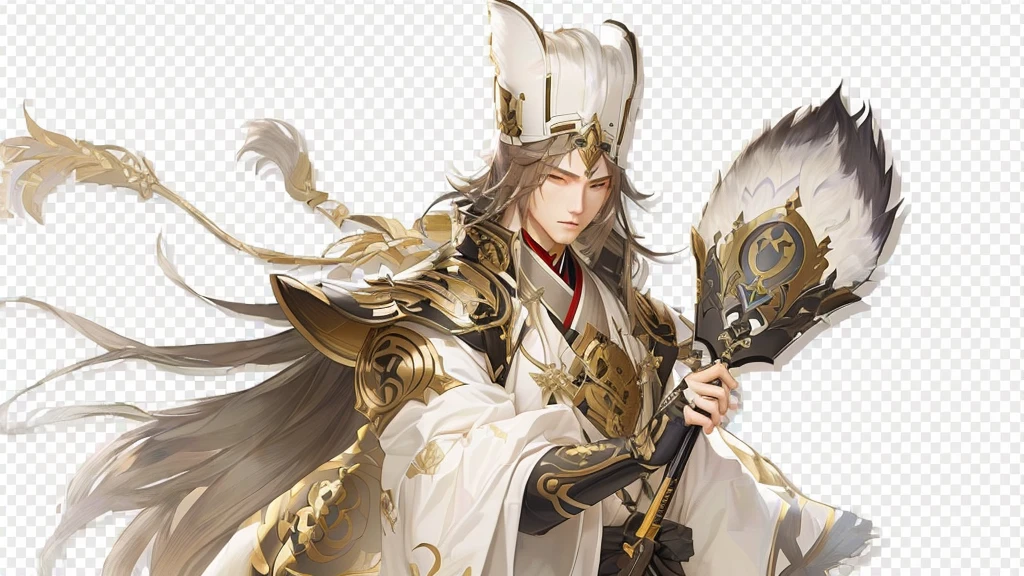 Close-up of a man holding a fan and a sword, picture of a male Priest, Genshin Impact impact character, keqing from Genshin Impact impact, Things, Priest, zhongli from Genshin Impact impact, Casimir Art, Onmyoji Portrait, Genshin Impact, Taisho Rome, Elaborate white and gold armor, Detailed key animation art, From Arknights