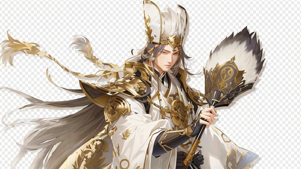 Close-up of a man holding a fan and a sword, picture of a male Priest, Genshin Impact impact character, keqing from Genshin Impact impact, Things, Priest, zhongli from Genshin Impact impact, Casimir Art, Onmyoji Portrait, Genshin Impact, Taisho Rome, Elaborate white and gold armor, Detailed key animation art, From Arknights