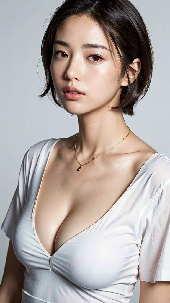 (Best quality, 8K, 32k, Masterpiece, uhd:1.2),Photo of Pretty Japanese woman, Gal　large breasts, very short bob hair,upper body,face focus,oversized_White shirt, necklace, simple background, from above, looking at viewer,Cleavage　Thin eyebrows