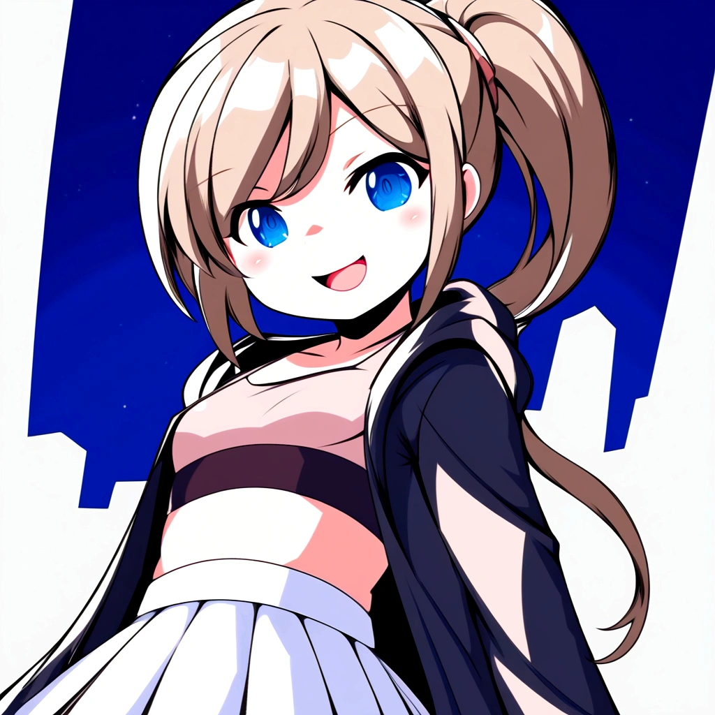 masterpiece , top quality , color , lineart , one girl , solo , 20 years old , flat chest , ponytail , light brown hair , black cardigan , white tshirts , long white skirt , smirk , stand up , open eyes , open mouth , simple backqround ,City at night