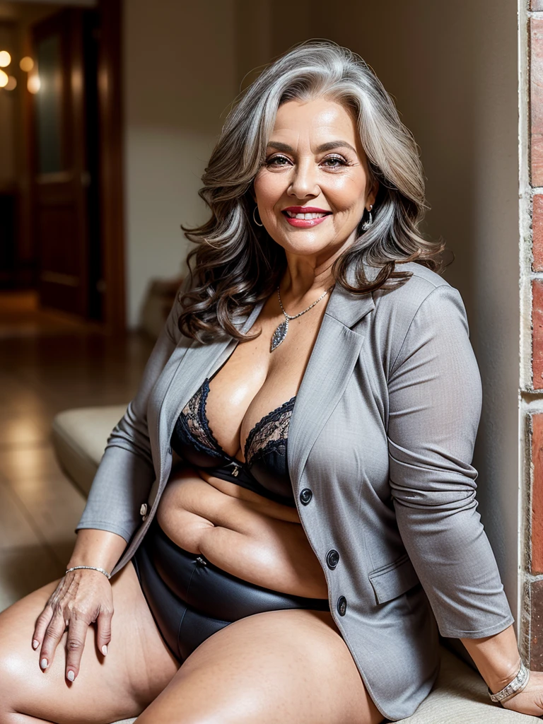day, bright lights, plus size fat old women Sixty years old, red lips, long brown straight hair, perfect hair,, she smiling, posing in front of the wall, sitting on the chair and spread her legs, she weared formal business suit with grey jacket with black bra, older beauty, jaw dropping mature older beauty, old face and body with wrinkles, old face, attractive grandma, a gorgeous old brown curly hair, beautiful old grandma, lovely older mature grandma, gorgeous beautiful grandma over 80 years old, beautiful silver hair grandma, beautiful detailed body and face, a beautiful old grany, she's fat and curvy
