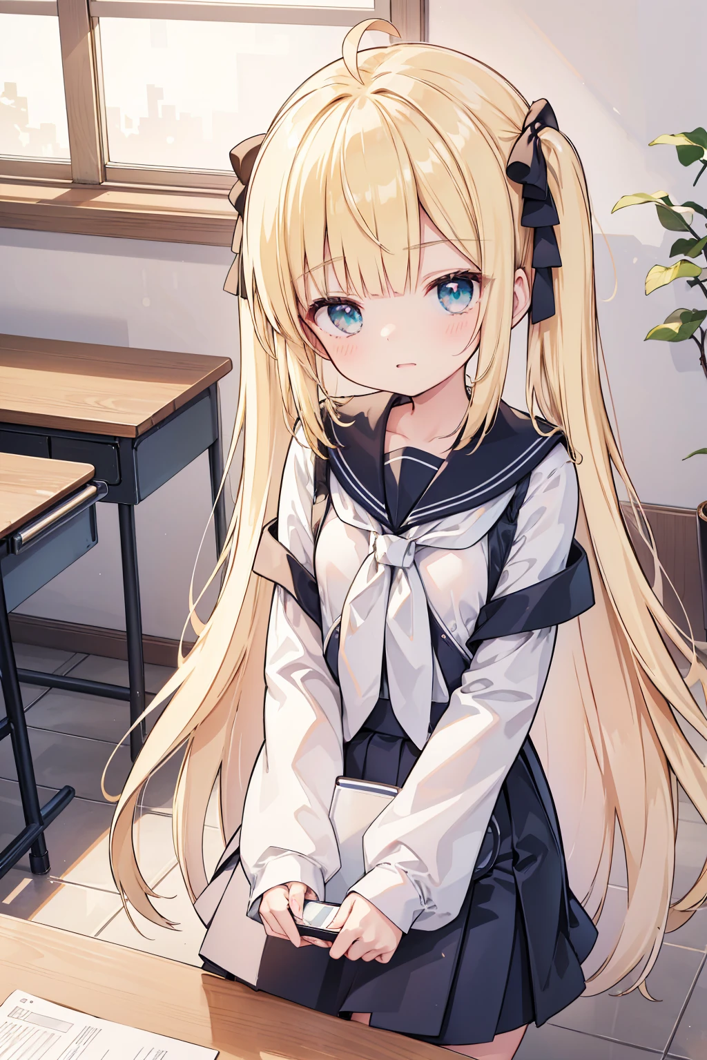 (Highly detailed CG Unity 8k wallpaper,masterpiece, Highest quality, Super detailed),School classroom atmosphere,wood々Sunlight shining through the gaps,A beautiful blonde high school girl with twin tails and ahoge(D Cup),Smartphone in hand,Tinker,Beautiful black-haired ,Skinny and flat chested, Wearing a sailor uniform,Sitting on a chair、He is having a conversation with a blonde girl sitting at a desk.,in the evening.((Toddler girl))　(())((naked))　((nsfw))