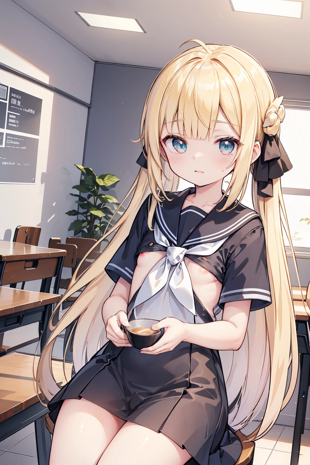 (Highly detailed CG Unity 8k wallpaper,masterpiece, Highest quality, Super detailed),School classroom atmosphere,wood々Sunlight shining through the gaps,A beautiful blonde high school girl with twin tails and ahoge(D Cup),Smartphone in hand,Tinker,Beautiful black-haired ,Skinny and flat chested, Wearing a sailor uniform,Sitting on a chair、He is having a conversation with a blonde girl sitting at a desk.,in the evening.((Toddler girl)) (())((naked)) ((nsfw))
