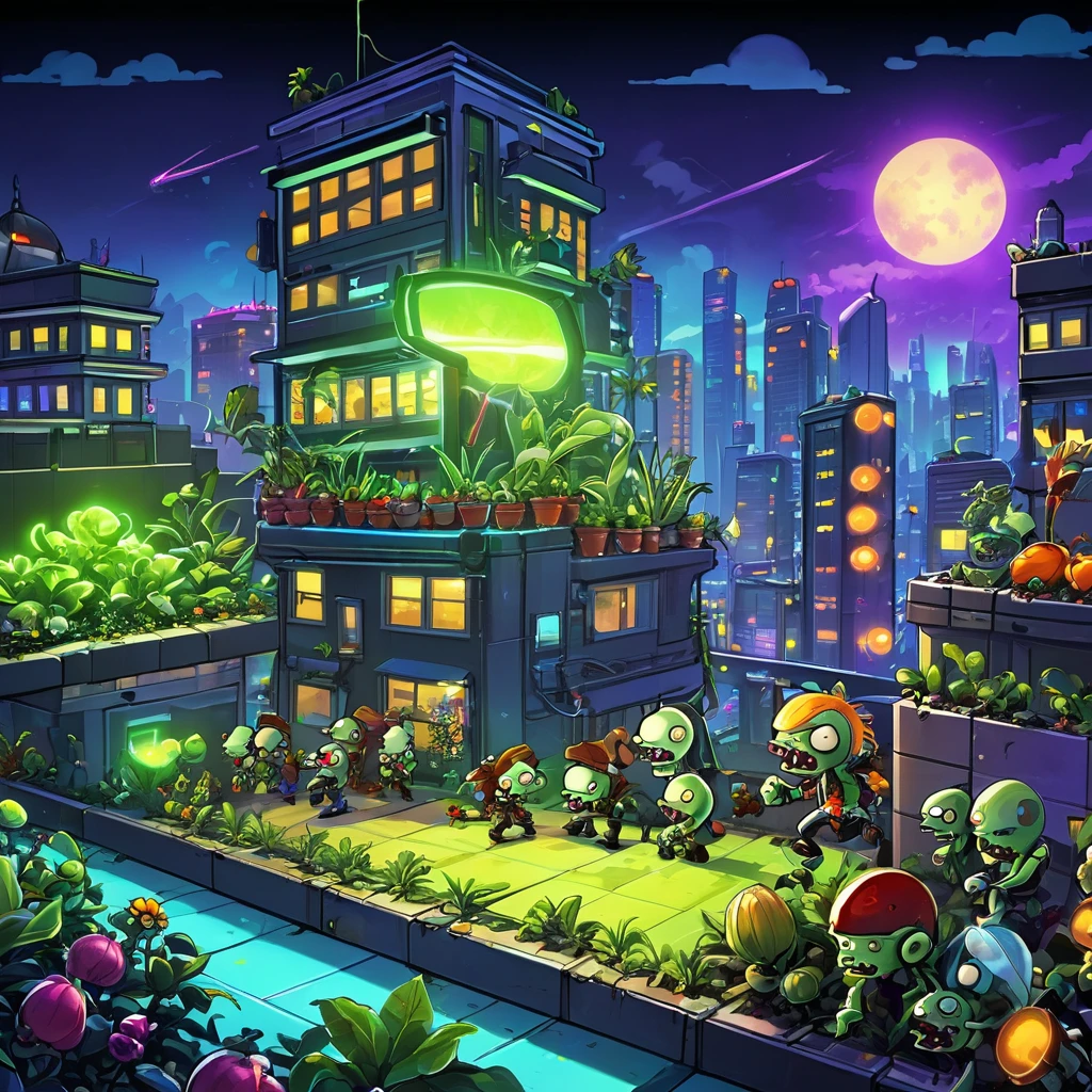 (Plants vs. Zombies), Draw a scene of a battle between plants and zombies in a graveyard at night.。Moonlight shines in the background、Creates a spooky, foggy atmosphere。The blue light creates a mysterious effect、A thrilling battle between ghostly zombies and plants。While emphasizing the horror element、Add a fantasy atmosphere。