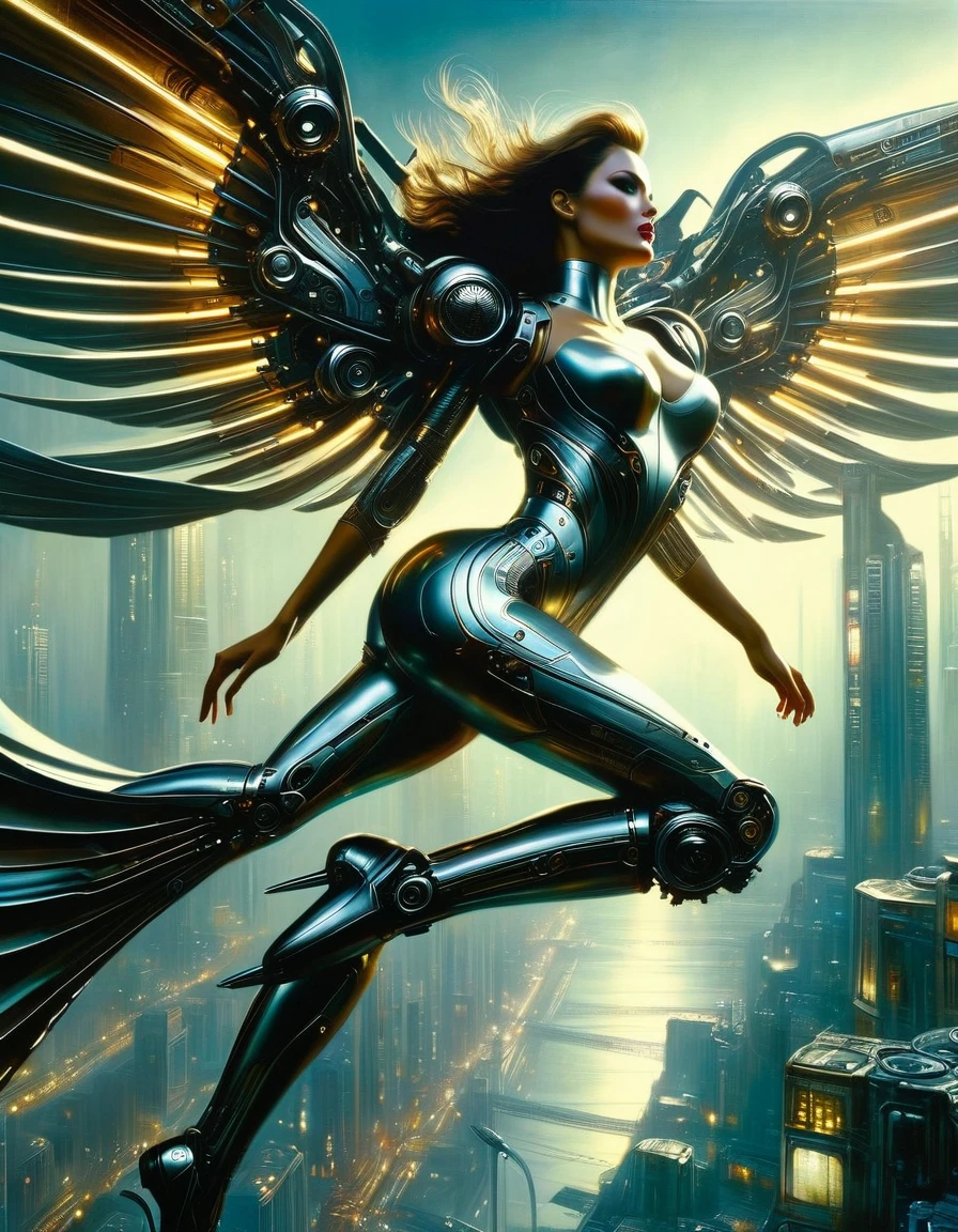 a very sexy woman with metal wings, mechanical wings, flying over an impressive futuristic city, oil painting, intricate mechanical details, dramatic lighting, moody colors, cinematic composition, chiaroscuro, Bill Sienkiewicz inspired, high quality, award winning, photorealistic, 4k, 8k, ultra-detailed, masterpiece, cinematic