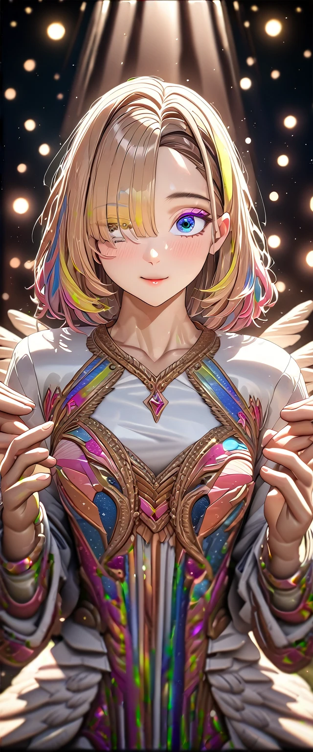 ((angel, big big white wings:1.3, halo:1.3)), (((spread arms))), (((cowboy shot))), ((flying)), archangel Uriel, ((wavy hair, outward curled hair)), evening, Sunset, ((blond hair, bob cut:1.3)), breasts, teenager, (looking at viewer), oversized clothes, puffy long sleeves, collarbone, ((off-shoulder sweater dress:1.3, Quite thick shoulder straps)), (((sleeves past wrists:1.3))), ((white sweater)), collarbone, head tilt:1.3, (((blue eyes))), ((happy smile)), (((anime style))), (best quality, 4K, 8K, highres, masterpiece:1.2, ultra-detailed, ultra-detailed eyes, HDR, uhd, studio lighting, ultra-fine painting, sharp focus, physically-based rendering, extreme detail description, professional, vivid colors, bokeh), ((Highest quality, Best image quality, Ultra-high resolution, Ultra-high resolution, solo, Strong eye highlights)), Depth of written boundary, Natural soft light, attractive, Beautiful Face, Cleanliness, Pure Face, medium chest, Beautiful Face, Perfect Fingers, Perfect hands, Perfect body, Perfect Face, Shine a light into your eyes, Perfect Anatomy