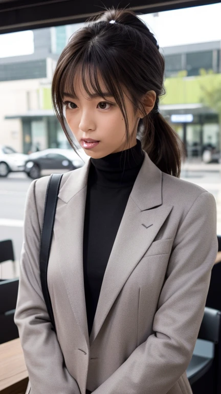 25-year-old woman,Her hair is black and shoulder-length,The skeleton is straight,Japanese skin tone with brown eyes,The outfit is a grey jacket suit with grey bottom pants.,White turtleneck inner,She glances at me as she holds a hair tie in her mouth and is about to tie her hair in a ponytail.,Her chest is D cup,The place is a café