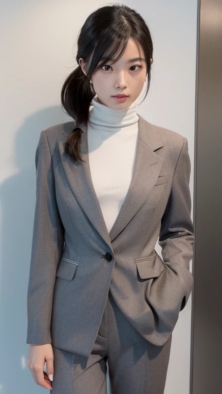 25-year-old woman,Her hair is black and shoulder-length,The skeleton is straight,Japanese skin tone with brown eyes,The outfit is a grey jacket suit with grey bottom pants.,White turtleneck inner,She glances at me as she holds a hair tie in her mouth and is about to tie her hair in a ponytail.,Her chest is D cup,The place is a café