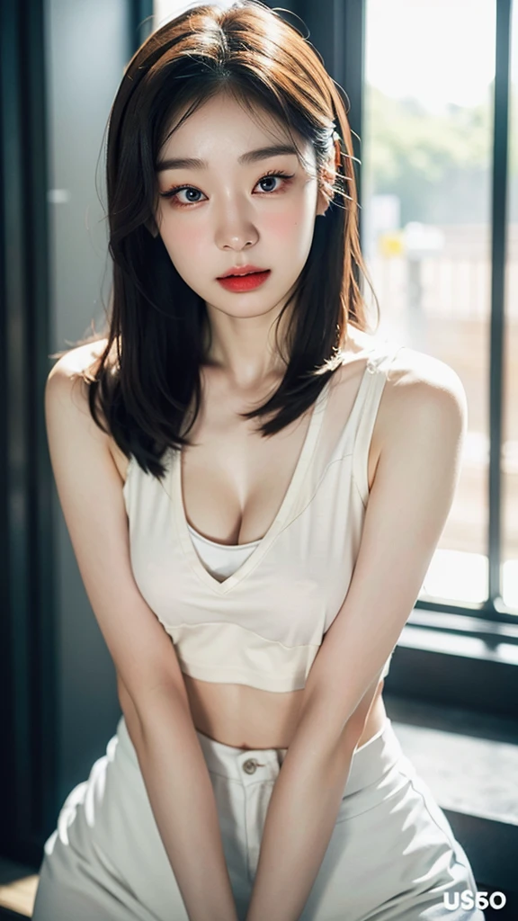 (solo), (a detailed full body RAW photo of a girl), (masterpiece:1.0), (best quality:1.4), (ultra highres:1.2), (photorealistic:1.4), 8k resolution, Canon EOS R5, 50mm, absurdres, ultra detailed, standing, sharp focus, cinematic lighting, detailed beautiful face, (heavy makeup:1.2), (ulzzang-6500-v1.1), perfect body, detailed skin texture, white pale skin, big breast, cleavage, detailed random hair, wear tank tops and leggings, (Asian girl:0.7), cute face, realistic skin, (looking at viewer:1.2), at gym, sweaty