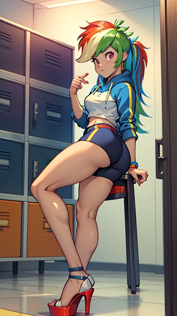 best quality, high quality, a cute girl, solo, rainbow dash, hoodie, spandex shorts, thick thighs, ((open-toe high heels, visible feet, highly detailed feet)), locker room, 4k, masterpiece, high-resolution 