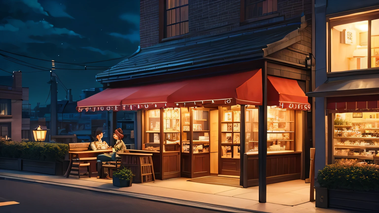 Rooftop café、Night view of a small shop, Anime Background art, Cozy cafe background, Makoto Shinkai's Style, Anime Background, in Makoto Shinkai's Style, colorful Anime movie background, Beautiful anime scene, Studio Greeble Makoto Shinkai, Anime Scenery concept art, beautiful Anime Scenery, Anime movie background, Anime Scenery