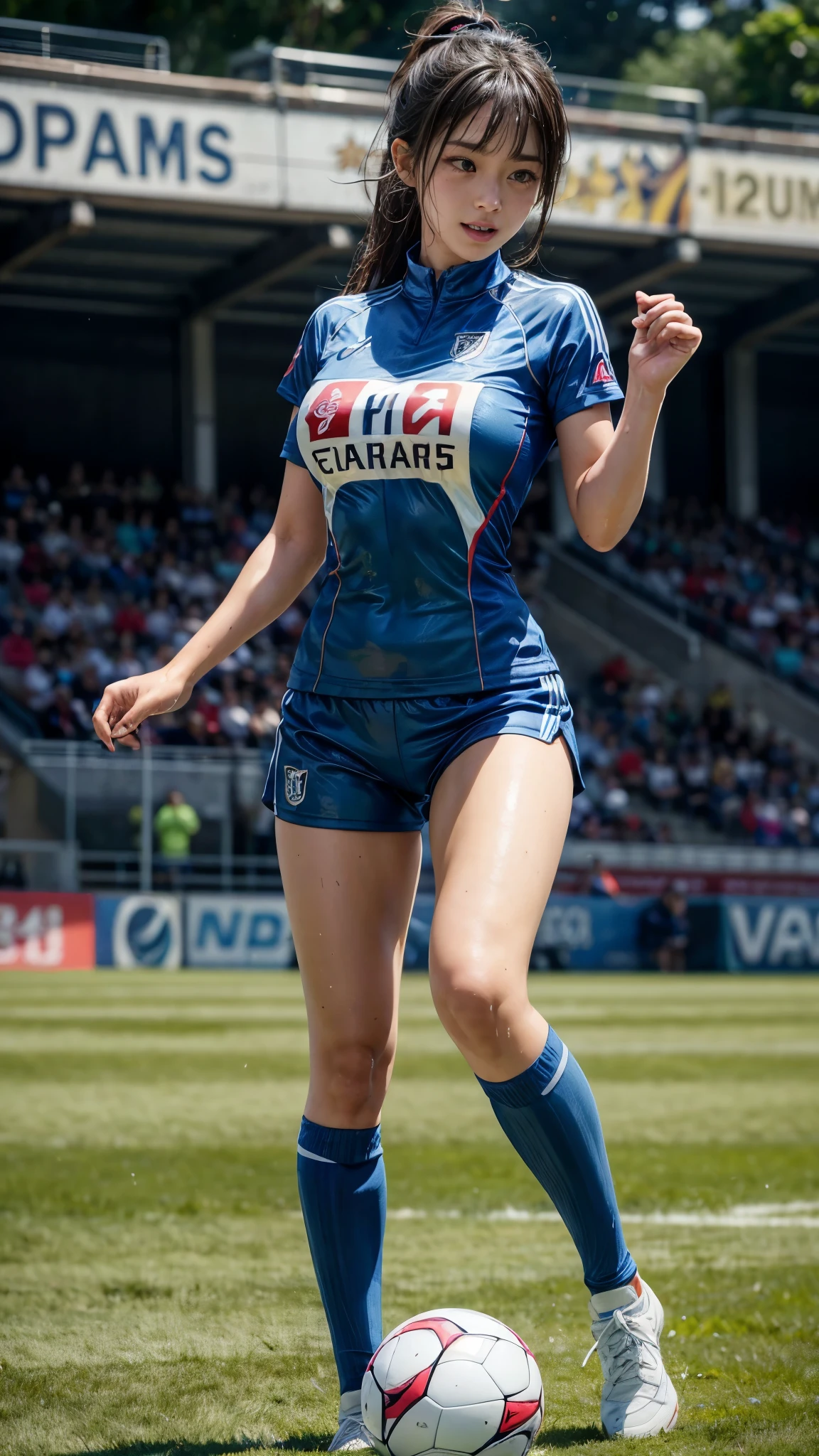 Highest quality, High resolution:1.2, Very detailed, Realistic:1.3, ((Beautiful woman))、((Super tight uniform))、((Big Breasts))、Vibrant colors, play soccer,((Blunt bangs))、((Various Hair Styles))、Different hair colors、With bangs、Wet Hair, concentrate, splash, Action Shots, Grass blotches, Muddy ground, Wet turf, decide, Fast-paced games, Athletic physique, Shiny soccer ball, Wet Uniform, raindrop, Blurred motion, ボールにconcentrateする, Intense competition, Skillful dribbling, Energetic play, Teamwork, powerful shoots, Wet pitch, Passionate sports, Fierce decide, Humid atmosphere, Fluid movement, emotional expression、Dramatic lighting, Women's Sports, Avid athletes, Exciting Games, Endure, Excited state, Speed and agility, Energetic play, 濡れたsplash、smile、Red Uniform