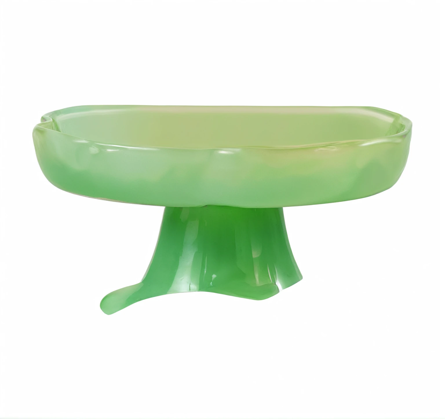 there is a green glass cake plate with a green base, close-up product photo, with celadon glaze, made of glazed, bottom - view, scales made of jade, banal object on a pedestal, detailed product photo, bottom view, pastel green, high quality product photo, soap, high detail product photo, detailed zoom photo, day light