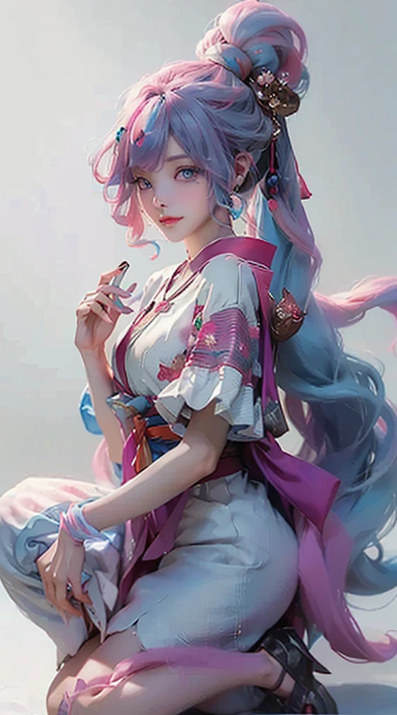 Anime girl with white hair and blue eyes holding a red umbrella, white-haired god, Kusat Krenz key art feminization, Onmyoji detailed art, Onmyoji portrait, Best anime 4K Konachan wallpaper, detailed digital anime art, anime goddess, high detail official artwork, detailed anime art, Onmyoji, portrait of female anime hero, chibi style,  face, high cold beautiful moving, ((((colorful hair))), (((half blue and half pink hair)), (perfect eye painting), bright eyes, Necklace, earrings, delicate mouth, delicate nose, delicate makeup, braid ponytail hair, red lips, (purple eyes). Perfect figure, (streamer girl), yellow t-shirt, delicate tassel, expression, ribbon, shyness, lighting effects, pastel, white background, super clear, hd picture, full body portrait, front, happy, (holding fan), cherry blossom tree,