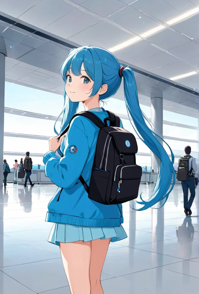 Girl with backpack at airport,Light blue long hair、Twin tails 、My backpack is full of happy spring,Gazing at the large passenger aircraft、Simple lineinimalism,Abstraction,Lots of white space、