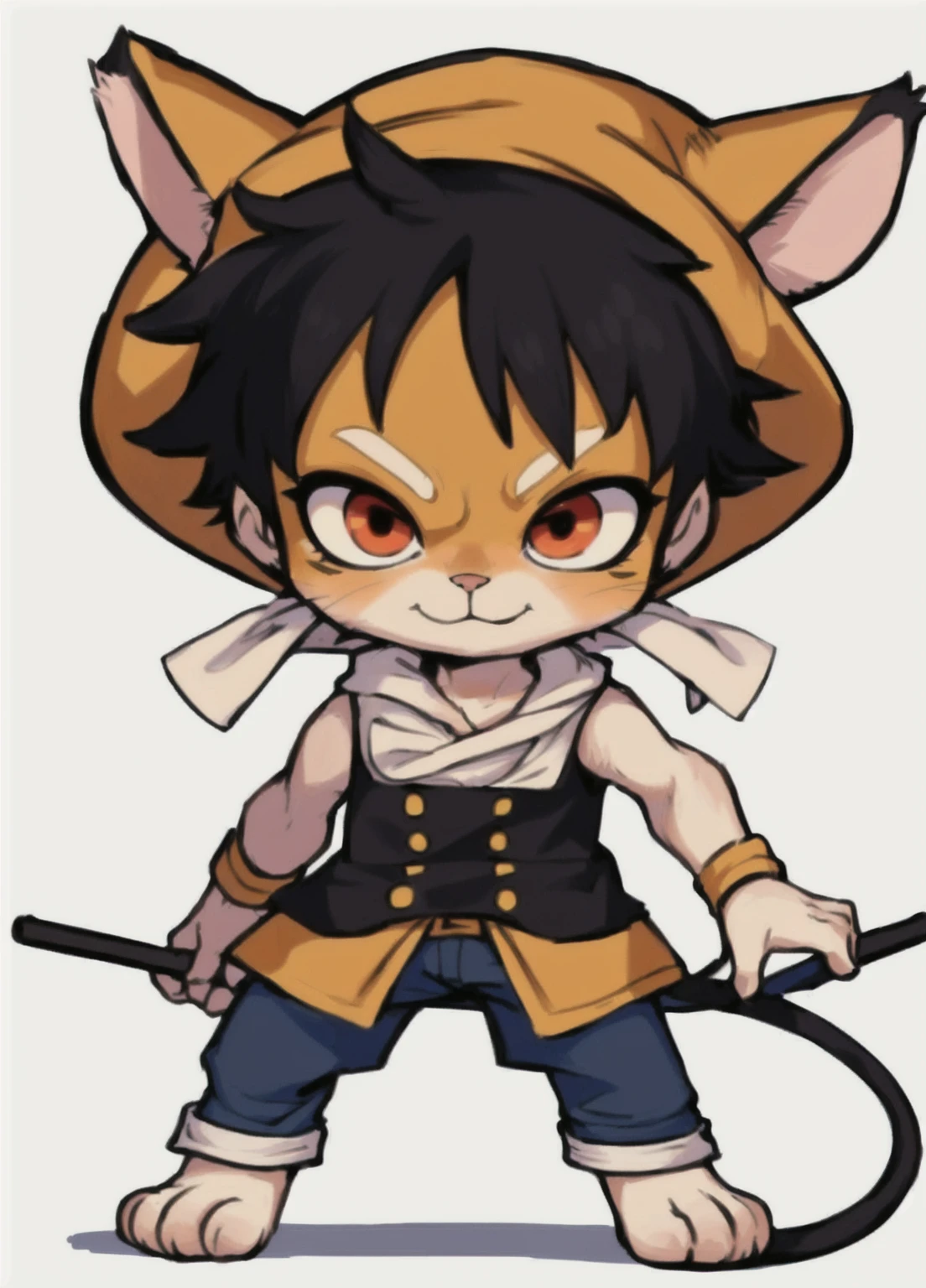 a cartoon cat with a hat and a cane,  cat, character art of maple story, otaku gangasta, from one piece, monkey d luffy, luffy (one piece, wearing golden cat armor, official art, monkey d. luffy, neferpitou, luffy dressed as naruto, luffy, one piece artstyle, official character art, eiichiro oda style