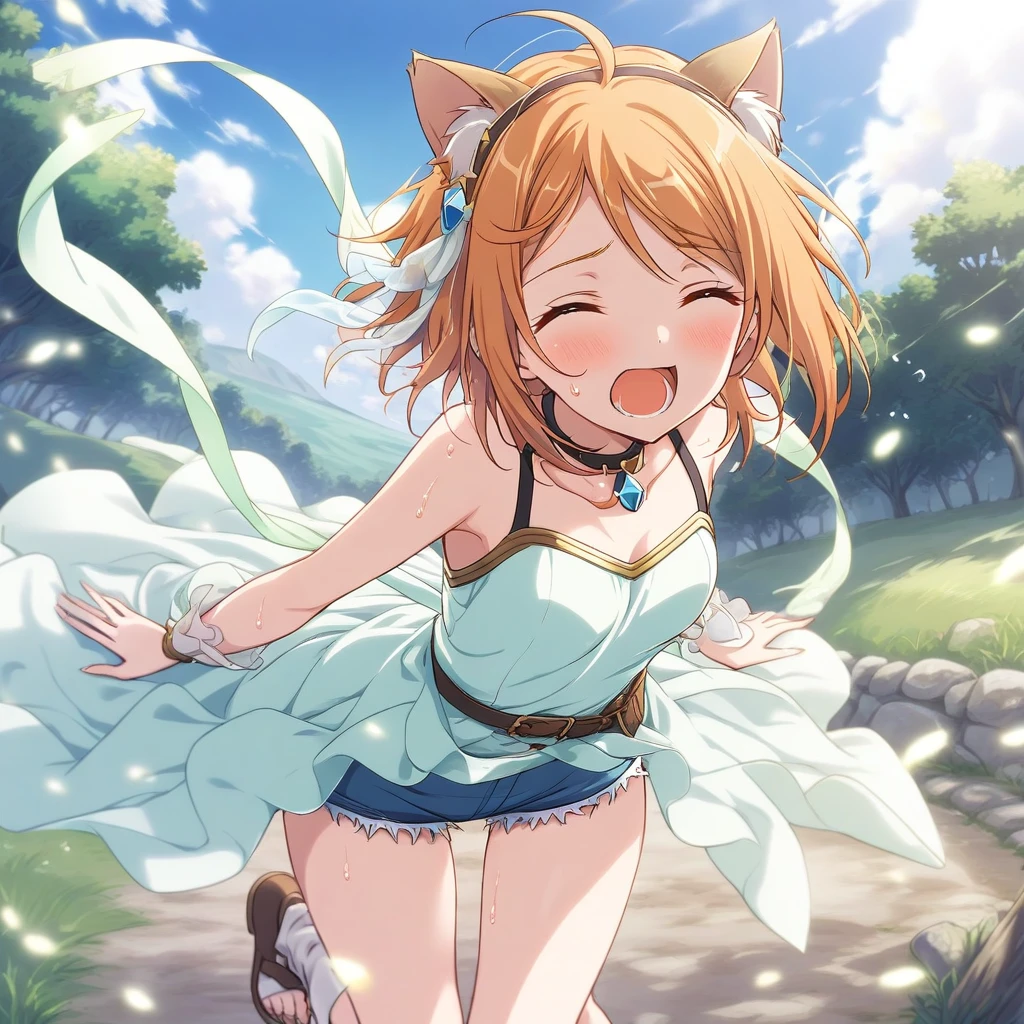 1girl, princess_connect! hiyori_(princess_connect!), cat girl, short hair, orange hair, cat ears, small breasts, short shorts, sweat, open mouth, (yawn:0.3), sleepily, outdoors, wind,
