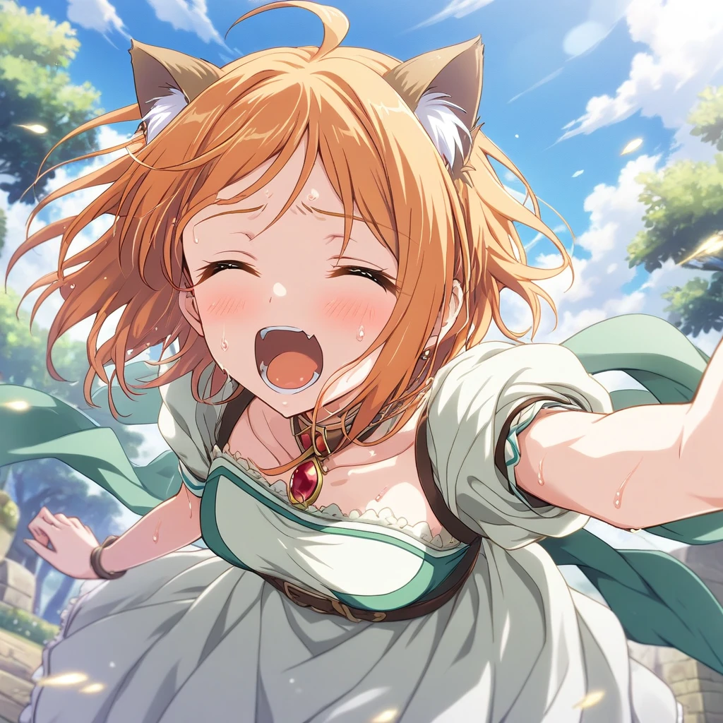 1girl, princess_connect! hiyori_(princess_connect!), cat girl, short hair, orange hair, cat ears, small breasts, short shorts, sweat, open mouth, (yawn:0.3), sleepily, outdoors, wind,