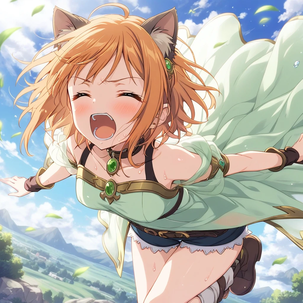 1girl, princess_connect! hiyori_(princess_connect!), cat girl, short hair, orange hair, cat ears, small breasts, short shorts, sweat, open mouth, (yawn:0.3),  sleepily, outdoors, wind,