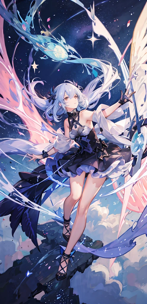 (ether colorful ink flowing:1.3)(((masterpiece))),(((best quality))),((ultra-detailed)),(illustration),((extremely delicate and beautiful)), dynamic angle, floating,(beautiful detailed eyes),(detailed light), floating_hair, glowing eyes, blue background, plants, sky, cloud, smile, pink theme, irises and pupils are rounded, the pupilreflects the surroundings, eyes are not thesame size, watery eyes, glow stars and black hole in background, glow stars, (cosmic background), stars