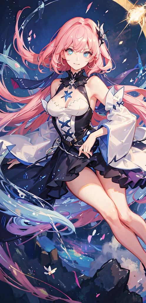 (ether colorful ink flowing:1.3)(((masterpiece))),(((best quality))),((ultra-detailed)),(illustration),((extremely delicate and beautiful)), dynamic angle, floating,(beautiful detailed eyes),(detailed light), floating_hair, glowing eyes, blue background, plants, sky, cloud, smile, pink theme, irises and pupils are rounded, the pupilreflects the surroundings, eyes are not thesame size, watery eyes, glow stars and black hole in background, glow stars, (cosmic background), stars