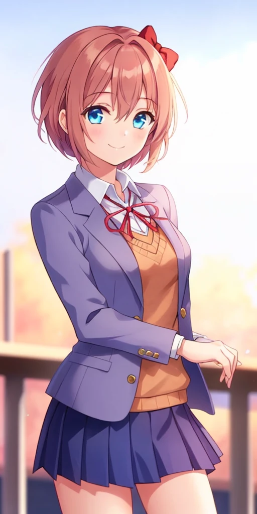 one girl, Sayori, DDLC, school blazer, hair bow, close to girl, too gentle, blue eyes, she is always smiling, beautiful, skirt, cowboy shot