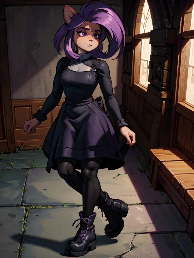 A dark anthro bandicoot girl with purple hair, wearing a dark dress, skirt, tights, and combat boots,