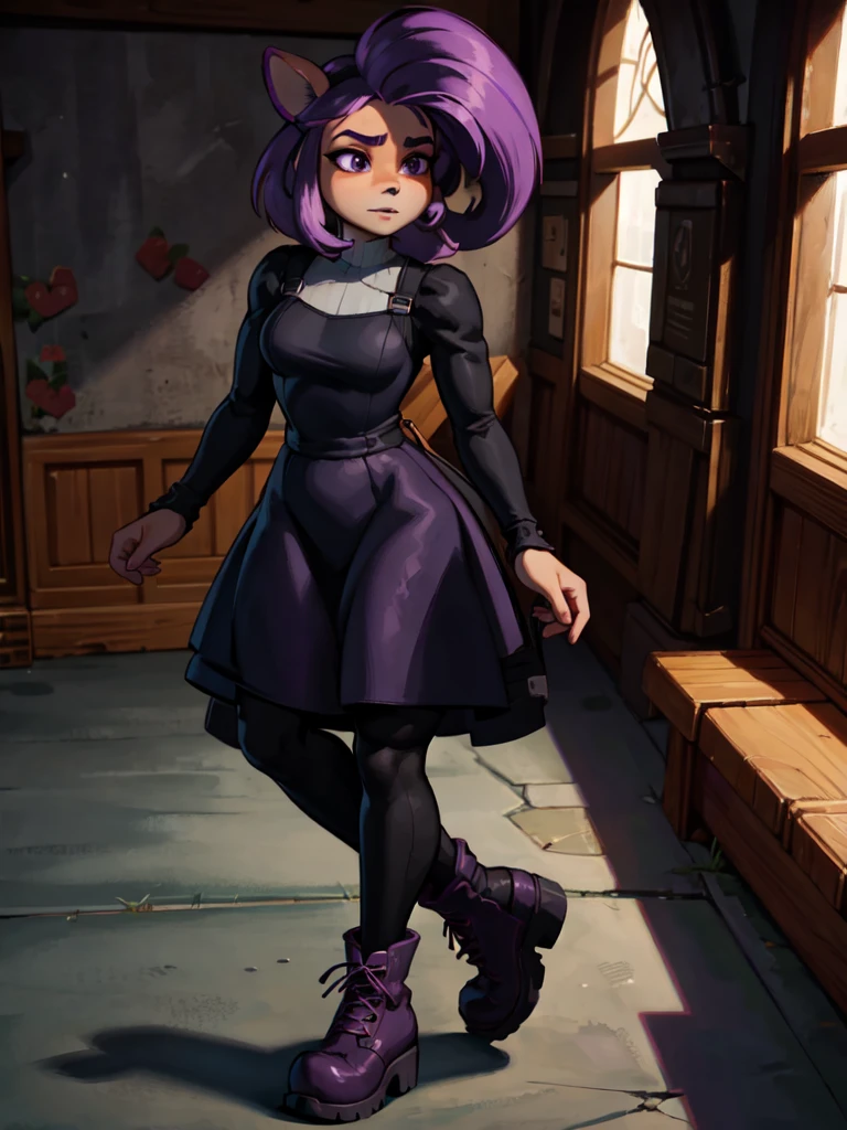 A dark anthro bandicoot girl with purple hair, wearing a dark dress, skirt, tights, and combat boots,