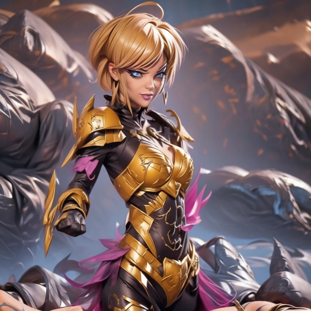 Armored Armalien princess with short, vibrant yellow hair and electrifying powers resides in an uncharted galaxy. Her asymmetrical, stylized golden armor, adorned with electric design elements, shines brightly, reflecting her villainous personality. Her seductive smile and a provocative laugh accentuate her allure, contrasting the intimidating aura of her armor. ((intricate detail)),(((realism))), HDR, 8k, absurdres, cinestill 800, sharp focus, add_detail:2, (solo, woman)