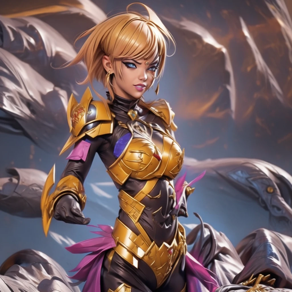 Armored Armalien princess with short, vibrant yellow hair and electrifying powers resides in an uncharted galaxy. Her asymmetrical, stylized golden armor, adorned with electric design elements, shines brightly, reflecting her villainous personality. Her seductive smile and a provocative laugh accentuate her allure, contrasting the intimidating aura of her armor. ((intricate detail)),(((realism))), HDR, 8k, absurdres, cinestill 800, sharp focus, add_detail:2, (solo, woman)