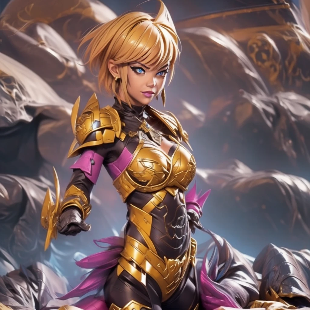 Armored Armalien princess with short, vibrant yellow hair and electrifying powers resides in an uncharted galaxy. Her asymmetrical, stylized golden armor, adorned with electric design elements, shines brightly, reflecting her villainous personality. Her seductive smile and a provocative laugh accentuate her allure, contrasting the intimidating aura of her armor. ((intricate detail)),(((realism))), HDR, 8k, absurdres, cinestill 800, sharp focus, add_detail:2, (solo, woman)